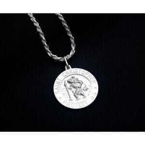 Silver St Christopher Pendant, Rope Chain Solid Silver Necklace, Stamp 925 ITALY